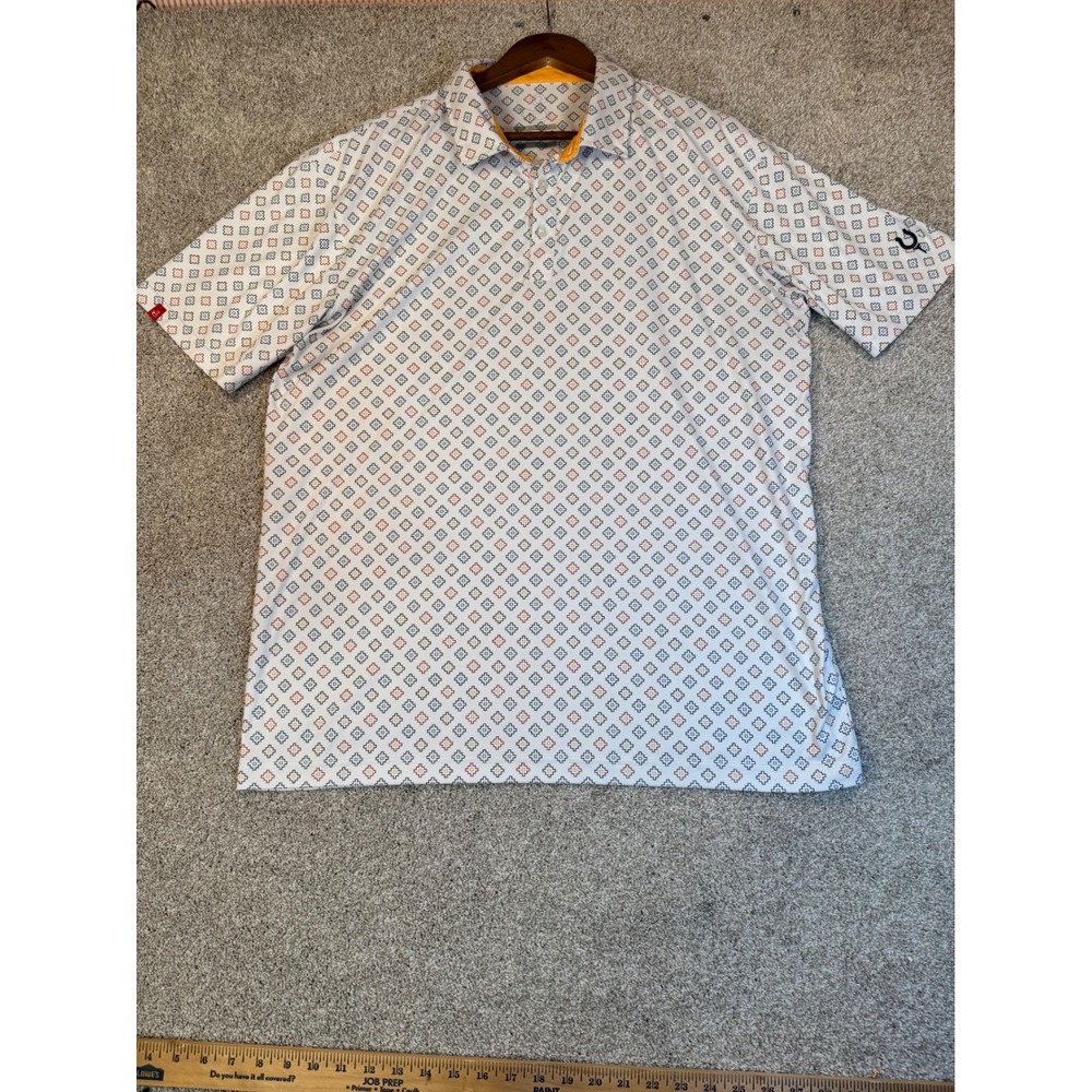 Swannies Mens Golf Polo Shirt White Geometric Print Performance XL Short Sleeve